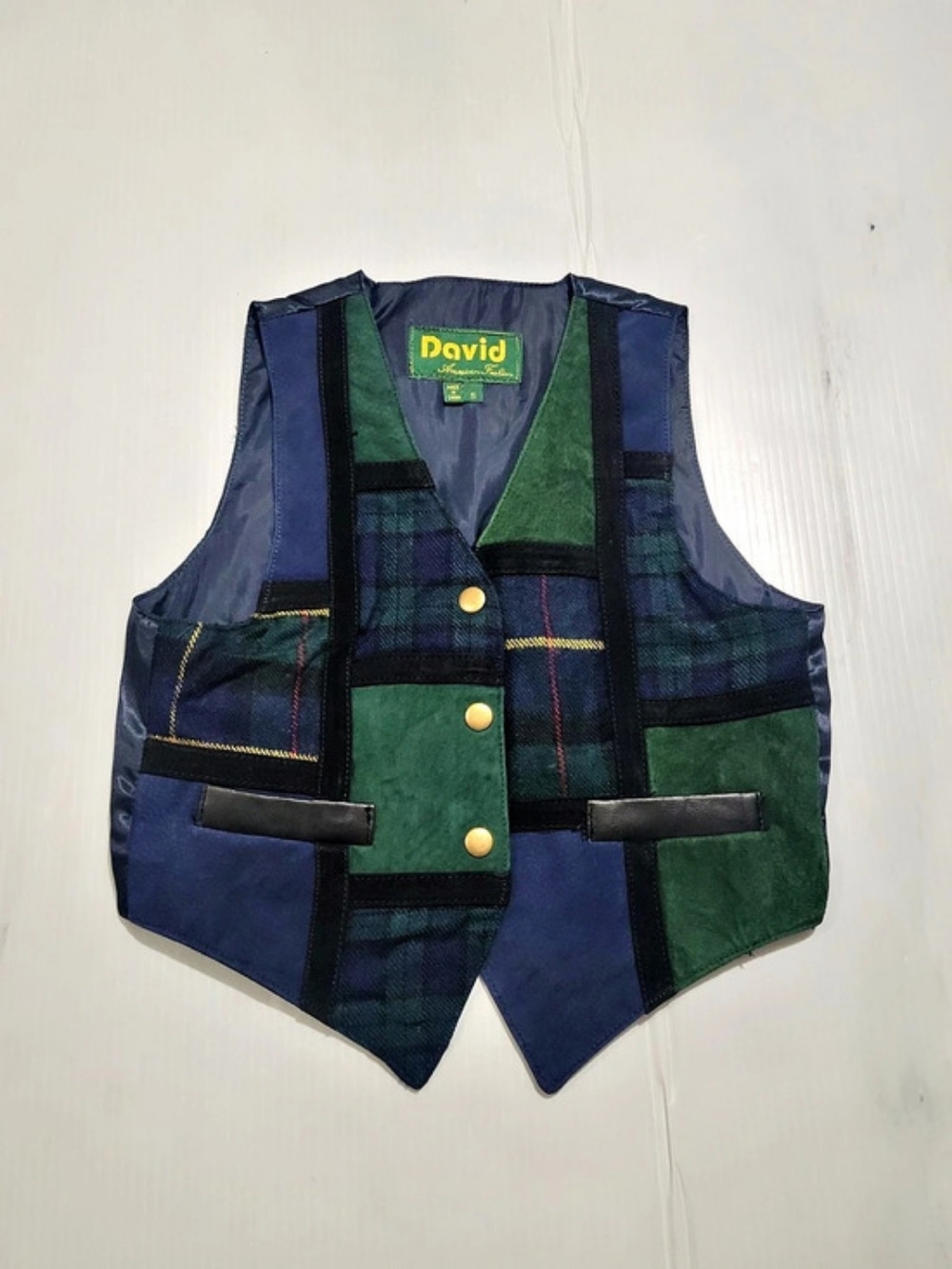 Vintage David American Fashion Suede Leather Patchwork Plaid Vest Small 90s Y2K